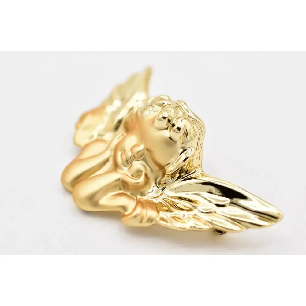 Danecraft Vintage Brushed Gold Cherub Angel Brooch Pendant Signed NOS 1980s A25